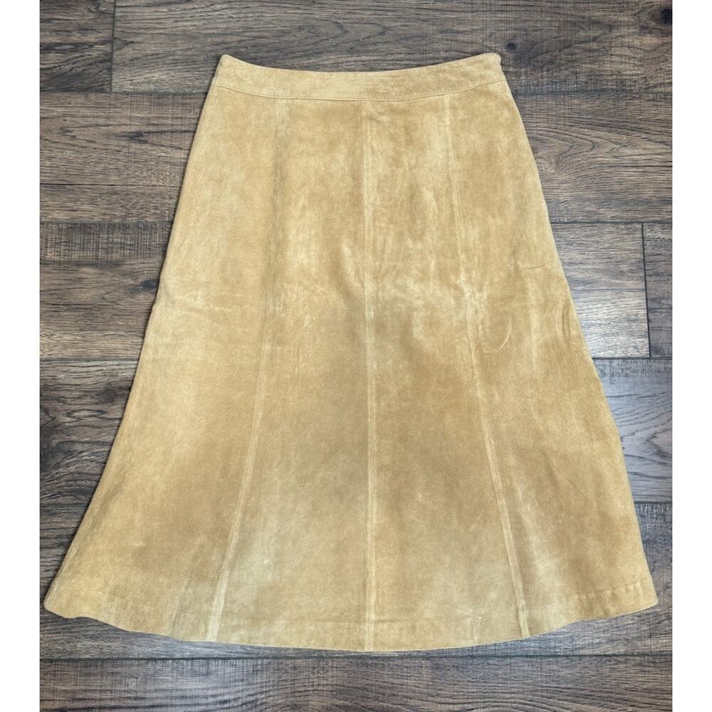 100% Leather A-Line Midi Skirt Tan Beige Lined Pursuits Ltd Sz 12 Boho Festival